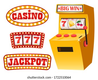 Gambling Set Vector, Casino And Jackpot Lucky Numbers Vector. Flat Style Signboards With Inscriptions. Glowing And Shining , Bulbs, Slot Machine Play