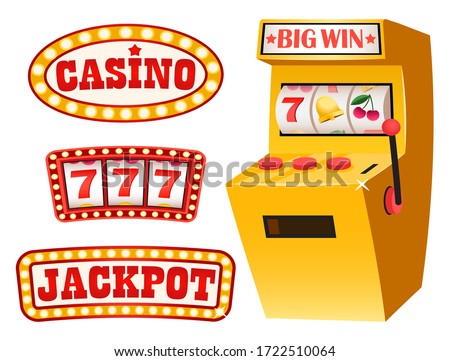 Gambling set vector, casino and jackpot lucky numbers vector. Flat style signboards with inscriptions. Glowing and shining , bulbs, slot machine play