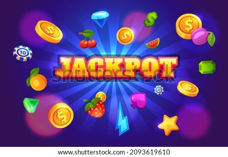 Gambling slot machine winning background with casino symbols. 777 game jackpot screen with flying coins. Cartoon money prize vector concept. Banner game win jackpot illustration