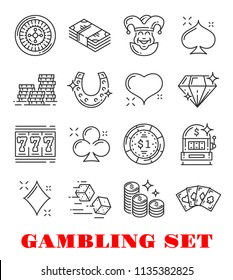 Gambling sport thin line icon set of casino and card game design. Poker, money and roulette, dice, chip and jackpot, slot machine, gold coin and heart, diamond, club and spade card suit symbol