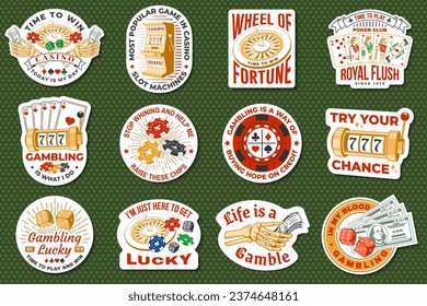 Gambling sticker, logo, badge design with wheel of fortune, two dice and skeleton hand holding dollar silhouette. Vector. Wheel of fortune, two dice and skeleton hand holding dollar for gambling