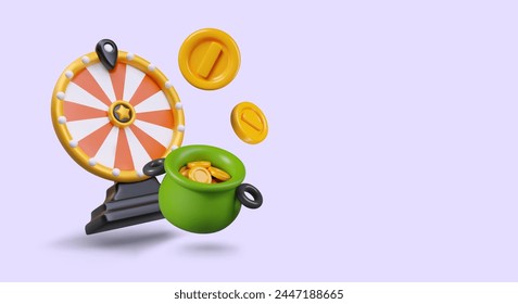 Gambling success concept. Green attic with treasure, floating gold coins, wheel of fortune