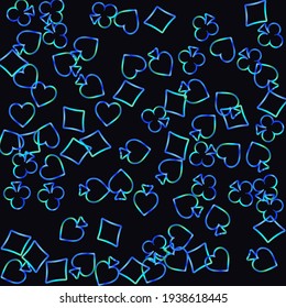 Gambling symbol pattern. Colored illustrations with hearts, spades, clubs, diamonds. Template for advertising parties, events in Vegas. 