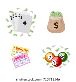 Gambling symbols - bingo cards and kegs, playing cards and jackpot money bag, vector illustration isolated on white background. Bingo board game, lotto - cards and kegs, playing cards, jackpot money