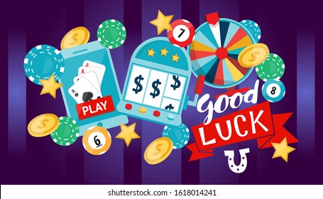 Gambling symbols and gaming icons in advertisement poster, vector illustration. Flat style background for casino, typographic text good luck. Gambling club invitation, casino flyer, chance of winning