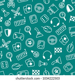 Gambling, Table and Computer Game Thin Line Seamless Pattern Background on a Blue for Web and App. Vector illustration of Gaming Symbol