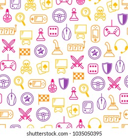 Gambling, Table and Computer Game Thin Line Seamless Pattern Background on a White for Web and App. Vector illustration of Gaming Symbol