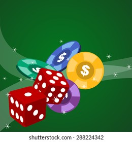 Gambling theme red dices and colorful poker chips vector illustration.