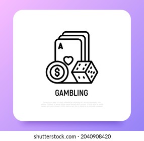 Icono de la delgada línea del juego: dados, póquer, casino. Ilustración vectorial moderna