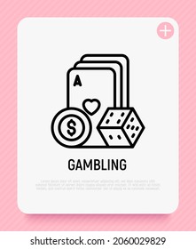 Icono de la delgada línea del juego: dados, póquer, casino. Ilustración vectorial moderna