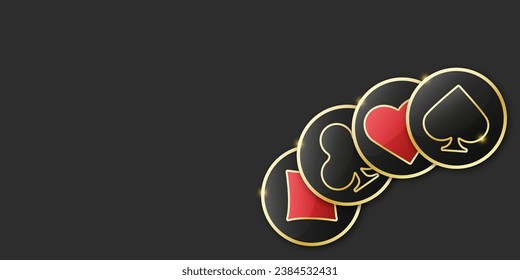 Gambling tokens with suits for poker and casino. Set of red and black poker coins. Diamonds, clubs, hearts, spades chips. Vector illustration on black background.