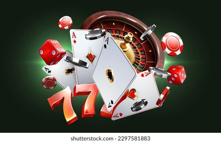 Gambling vector design. Game design, flyer, poster, banner, advertisement.  Casino Illustration with roulette wheel , poker cards ,  dices , slot machine .