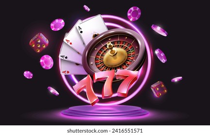 Gambling vector design with neon lights,poker cards, dices, roulette wheel and playing chips. Winning combination numbers of lucky three sevens jackpot. 