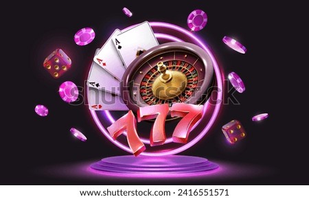 Gambling vector design with neon lights,poker cards, dices, roulette wheel and playing chips. Winning combination numbers of lucky three sevens jackpot. 