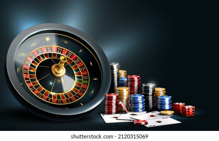 Gambling vector design with poker cards, dice, roulette wheel and playing chips on a dark background. Big win illustration casino. Game design, flyer, poster, banner, advertisement.	