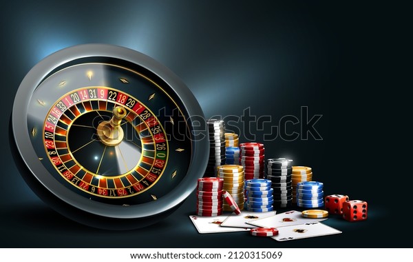 Gambling\
vector design with poker cards, dice, roulette wheel and playing\
chips on a dark background. Big win illustration casino. Game\
design, flyer, poster, banner,\
advertisement.	