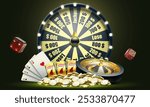 Gambling vector design . Slot machine , poker cards, dices, roulette wheel ,  wheel fortune and gold coins pile .  Big win illustration  casino.