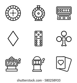 gambling vector icons. Set of 9 gambling outline icons such as Clubs, Diamonds, Roulette, Slot machine, domino