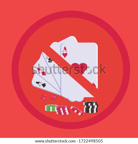 Gambling vector prohibition concept of gambling ace cards & pile of chips in red background