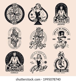 Gambling vintage badges collection with gambler skull skeleton queen and king pretty poker ladies hand holding burning ace of spades croupier roulette wheel isolated vector illustration