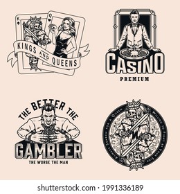 Gambling vintage badges in monochrome style with king of spades and queen of hearts playing cards rich gambler with casino chips stacks croupier and roulette wheel isolated vector illustration