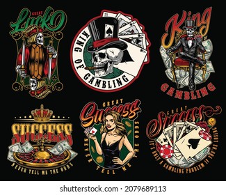 Gambling vintage badges with skeleton jack dice coins skull smoking cigar pretty poker girl roulette wheel royal flush of spades poker hands skeleton gambler dollar bills isolated vector illustration