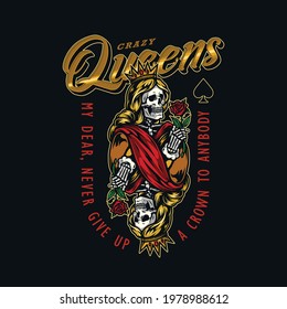 Gambling vintage colorful badge with inscriptions and skeleton queen in crown holding rose flower isolated vector illustration