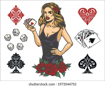 Gambling vintage colorful concept with red rose flowers attractive woman holding playing cards dice hearts diamonds clubs spades suits royal flush poker hand isolated vector illustration