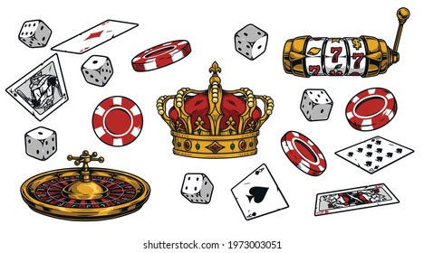 Gambling vintage colorful elements concept with royal golden crown casino roulette wheel slot machine dice poker chips and playing cards isolated vector illustration