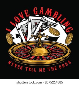 Gambling vintage colorful emblem with gold coins royal flush of spades poker hand and casino roulette wheel isolated vector illustration