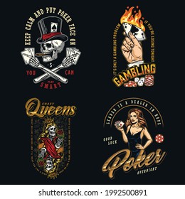 Gambling vintage colorful emblems with pretty poker lady male hand holding burning ace of spades gambler skull smoking cigar skeleton queen for playing cards isolated vector illustration