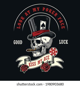 Gambling vintage colorful label with rose flowers casino chip skull smoking cigar in top hat with ace of spades playing card isolated vector illustration