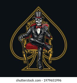 Gambling vintage colorful label with skeleton in tuxedo and top hat holding playing cards and sitting on royal throne isolated vector illustration