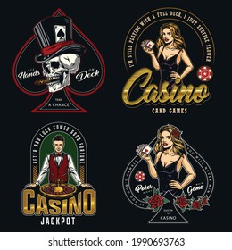Gambling vintage colorful labels with pretty woman in dress holding playing cards smiling croupier roulette wheel gambler skull smoking cigar in top hat isolated vector illustration