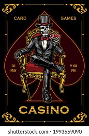 Gambling vintage colorful poster with Casino inscription elegant frame playing card spades suit symbol skeleton in tuxedo and top hat sitting on chair and holding poker cards vector illustration