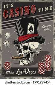 Gambling vintage colorful poster with dice casino chips skull smoking cigar in top hat with ace of spades playing card vector illustration