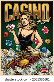 Gambling vintage colorful poster with dollar banknotes dice casino roulette wheel and chips pretty lady holding royal flush of hearts poker hand vector illustration