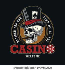 Gambling vintage colorful round logo with Casino inscription with poker chip and skull smoking cigar in top hat with ace of spades playing card isolated vector illustration