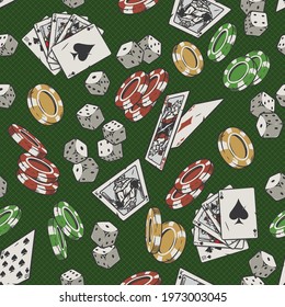 Gambling vintage colorful seamless pattern with casino chips dice playing cards and royal flush poker hands on green background vector illustration