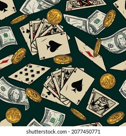 Gambling vintage colorful seamless pattern with gold coins playing cards one hundred US dollar banknotes royal flush of spades poker hand vector illustration