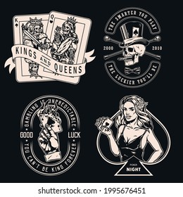 Gambling vintage emblems with gambler skull smoking cigar walking canes skeleton king and queen playing cards attractive poker lady hand holding burning ace of spades isolated vector illustration