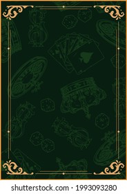 Gambling vintage green poster with frame elegant vignettes casino roulette wheel dice playing cards royal crown dollar sign vector illustration