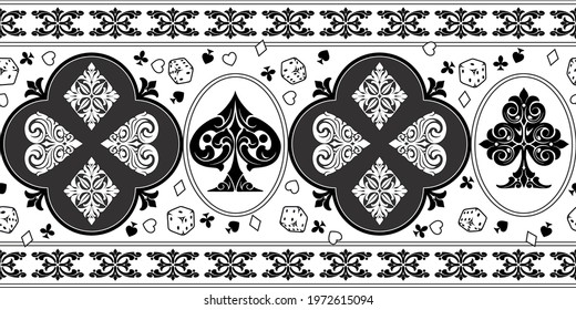 Gambling vintage horizontal seamless pattern with elegant playing cards suits and dice in monochrome style vector illustration