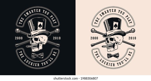 Gambling vintage label in monochrome style with inscriptions crossed walking canes bow tie and skull smoking cigar in top hat with ace of spades playing card isolated vector illustration