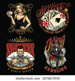 Gambling vintage labels with royal flush poker hand casino chips man with dollar bills on roulette wheel skeleton gambler in tuxedo pretty lady with playing cards isolated vector illustration