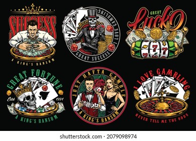 Gambling vintage labels with slot machine gold coins roulette wheel royal flush poker hands rich man with dollar bills skeleton gambler poker girl croupier skull in crown isolated vector illustration