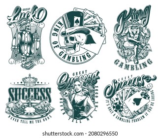Gambling vintage logos with dice roulette wheel skeleton gambler dollar bills skull with cigar in top hat poker girl crown skeleton jack of clubs royal flush of spades poker hand vector illustration