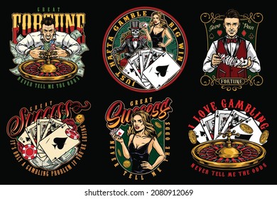 Gambling vintage logos with pretty poker lady skeleton gambler man with dollar bills and casino chips croupier roulette wheel gold coins royal flush of spades poker hands isolated vector illustration