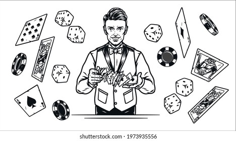 Gambling vintage monochrome concept with smiling casino croupier in shirt bow tie and waistcoat shuffles playing cards falling dice poker chips and cards isolated vector illustration