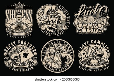 Gambling vintage monochrome designs with lucky rich player skeleton gambler casino and poker game labels and emblems on dark background isolated vector illustration